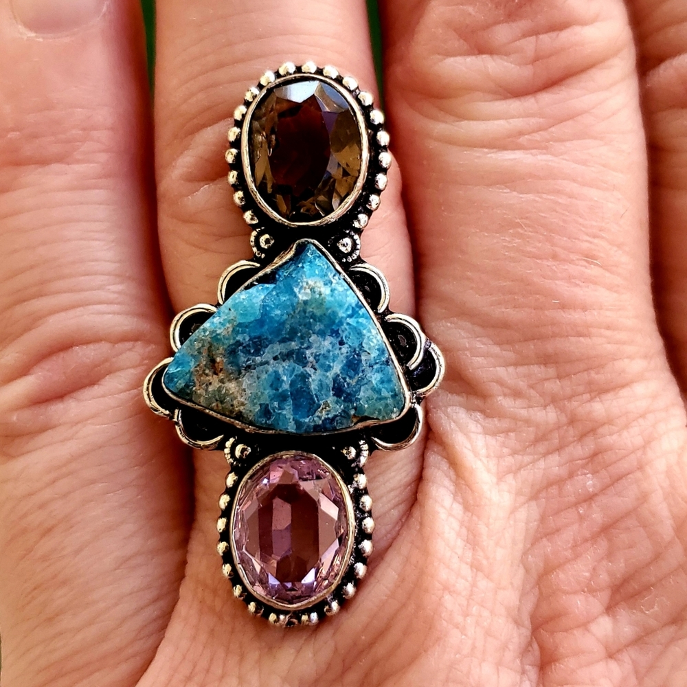New Natural Blue Kyanite, Smoky Topaz, Pink Topaz 925 Silver Ring.